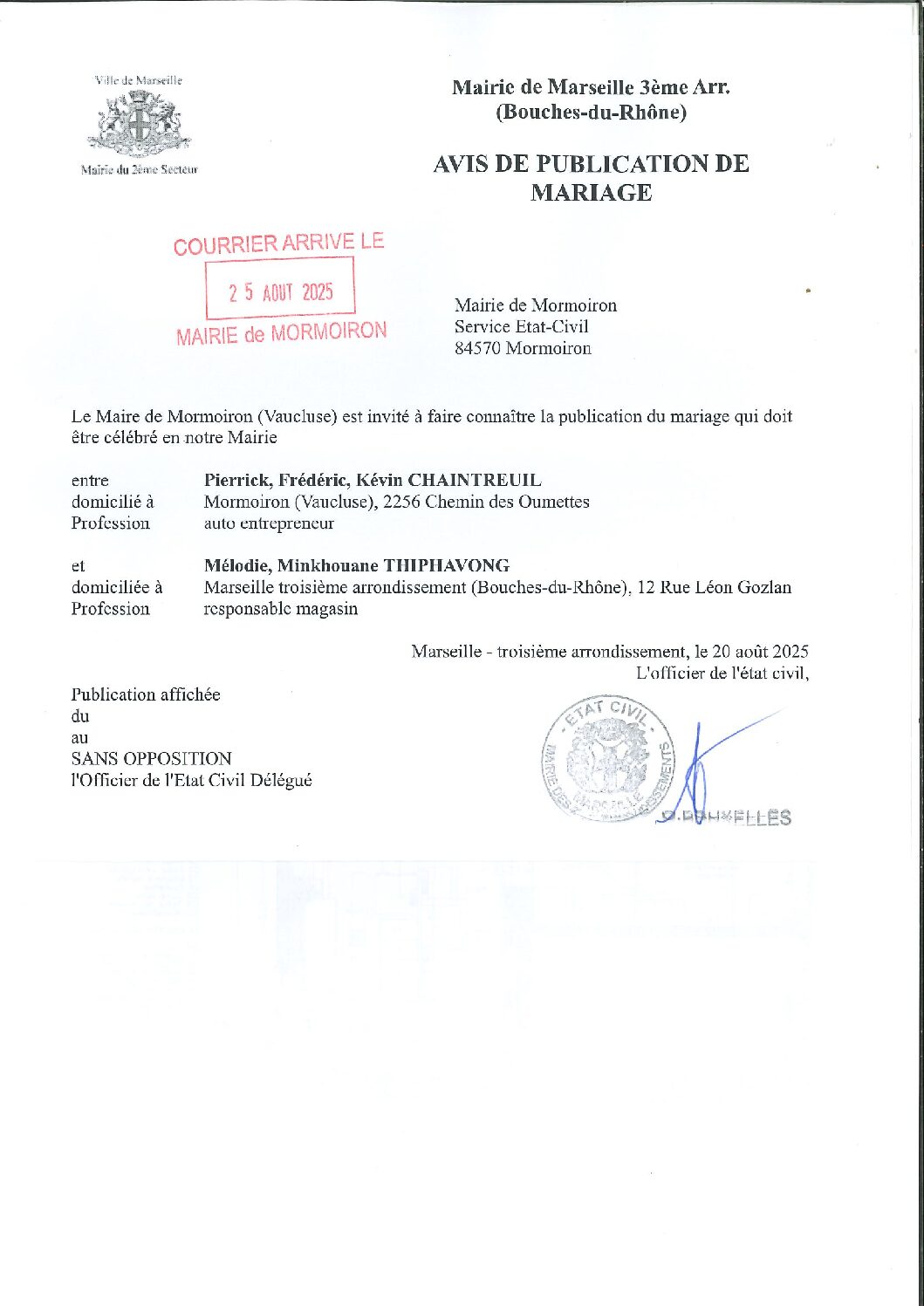 AVIS DE PUBLICATION DE MARIAGE CHAINTREUIL / THIPHAVONG